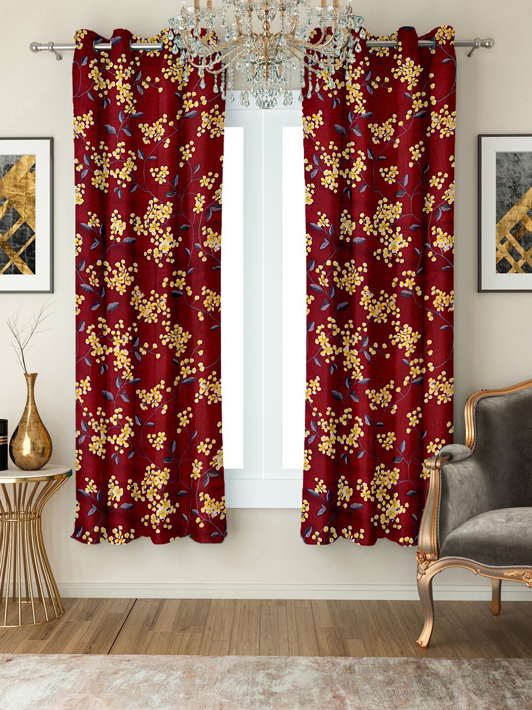 

Cortina Brown & Grey Set Of 2 Floral Printed Regular Window Curtains