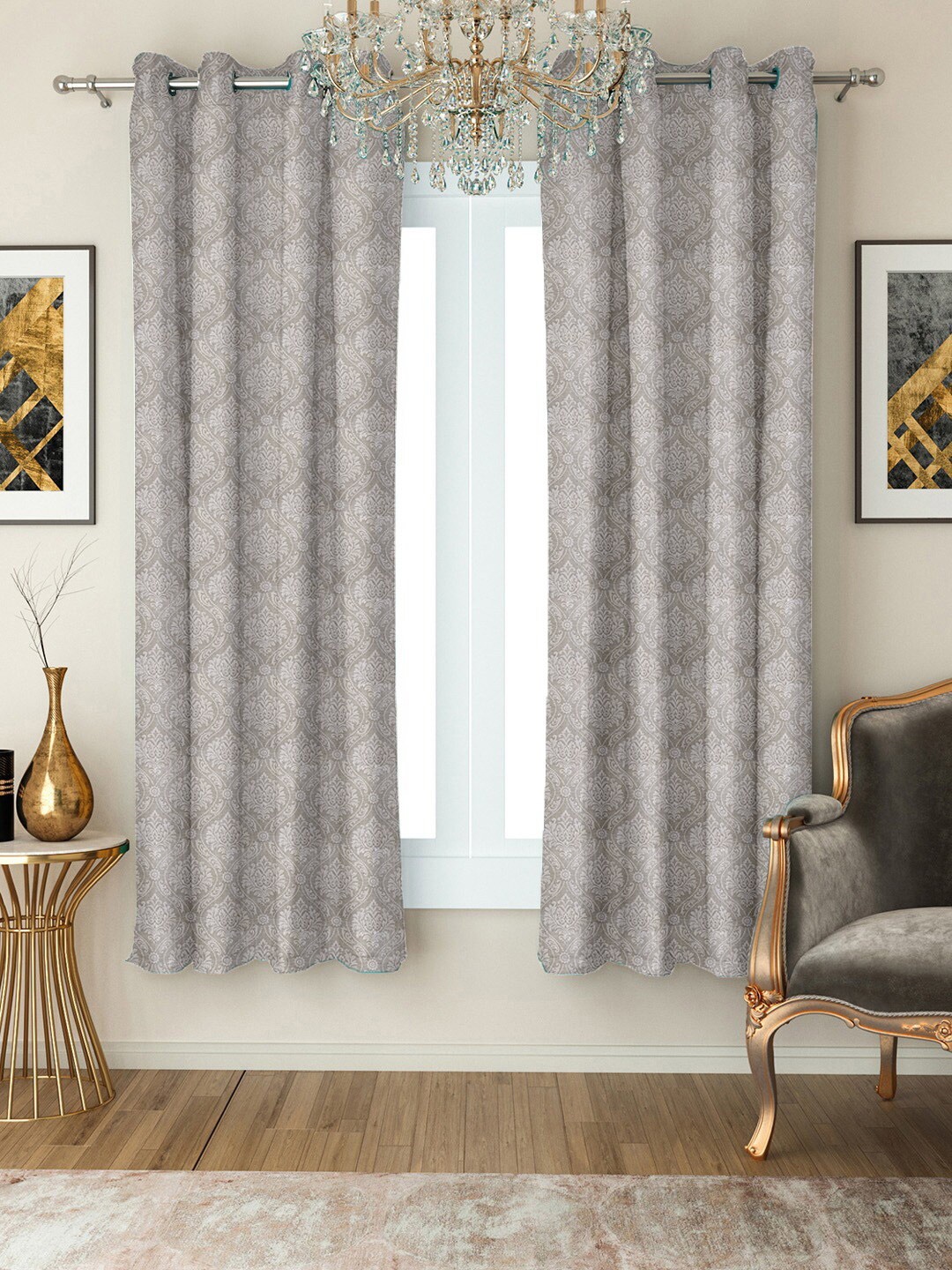 Cortina Set of 2 Embossed Damask Printed Window Curtains, Grey
