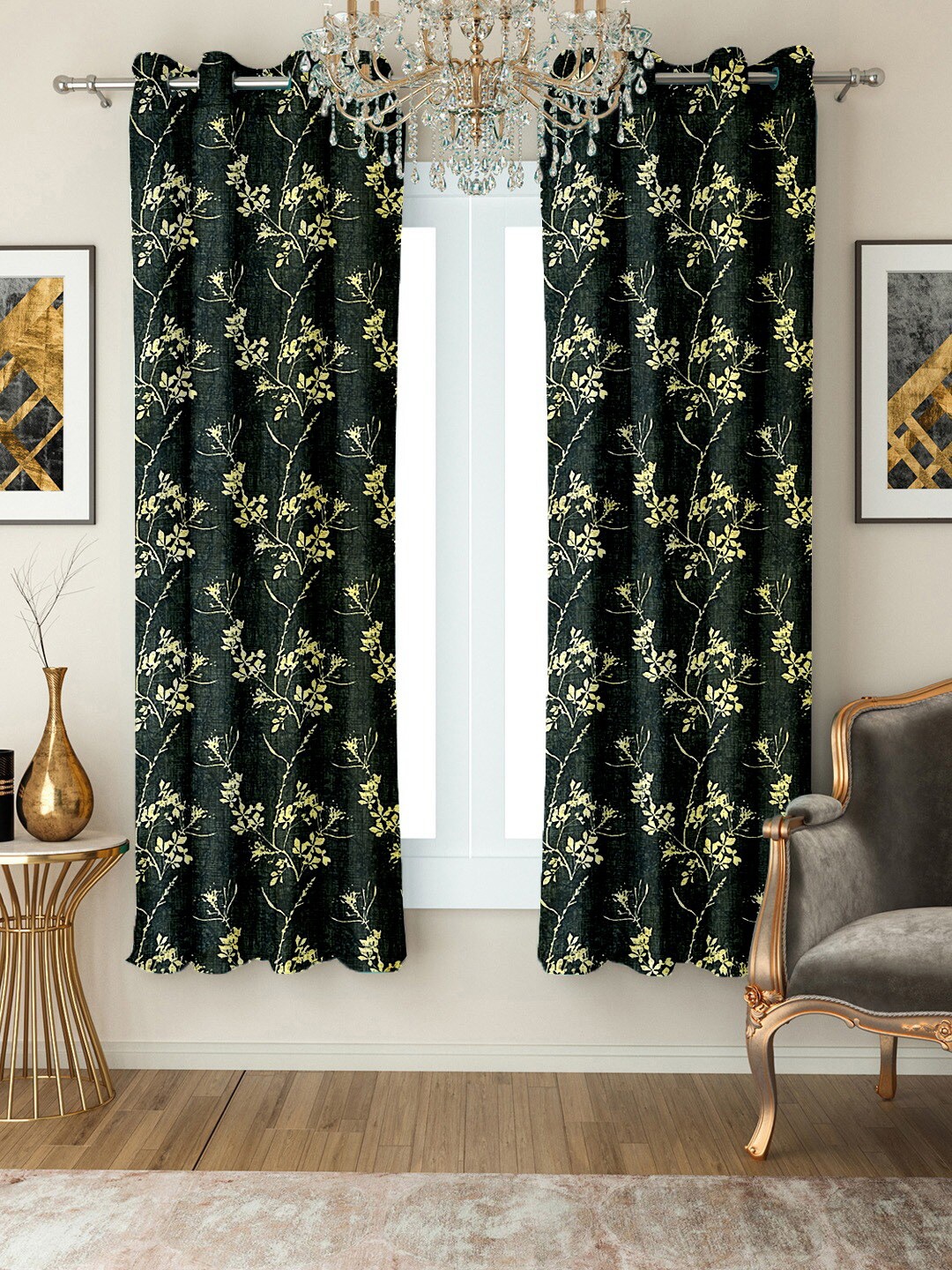 

Cortina Green & Yellow Set of 2 Floral Printed Window Curtain