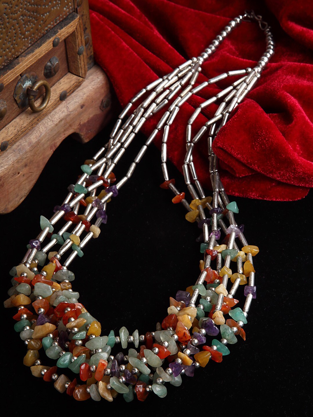

Moedbuille Silver-Toned & Red Brass Oxidized Silver-Plated Afghan Necklace