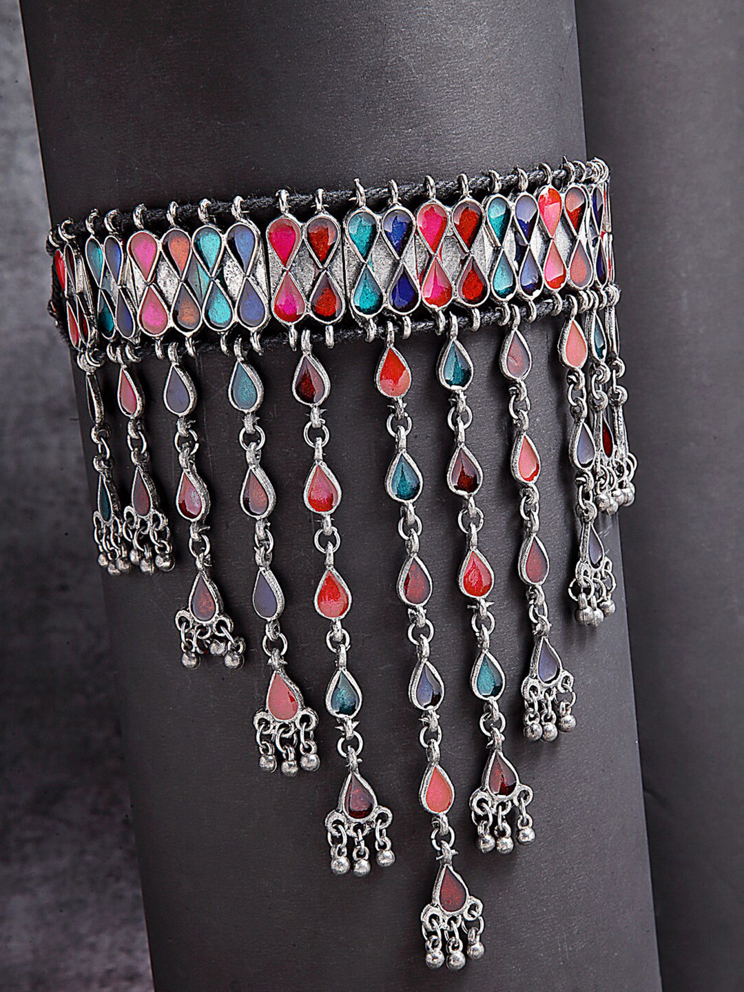 

Moedbuille Oxidised Silver-Plated Pink & Blue Meenakari Brass Afghan Necklace
