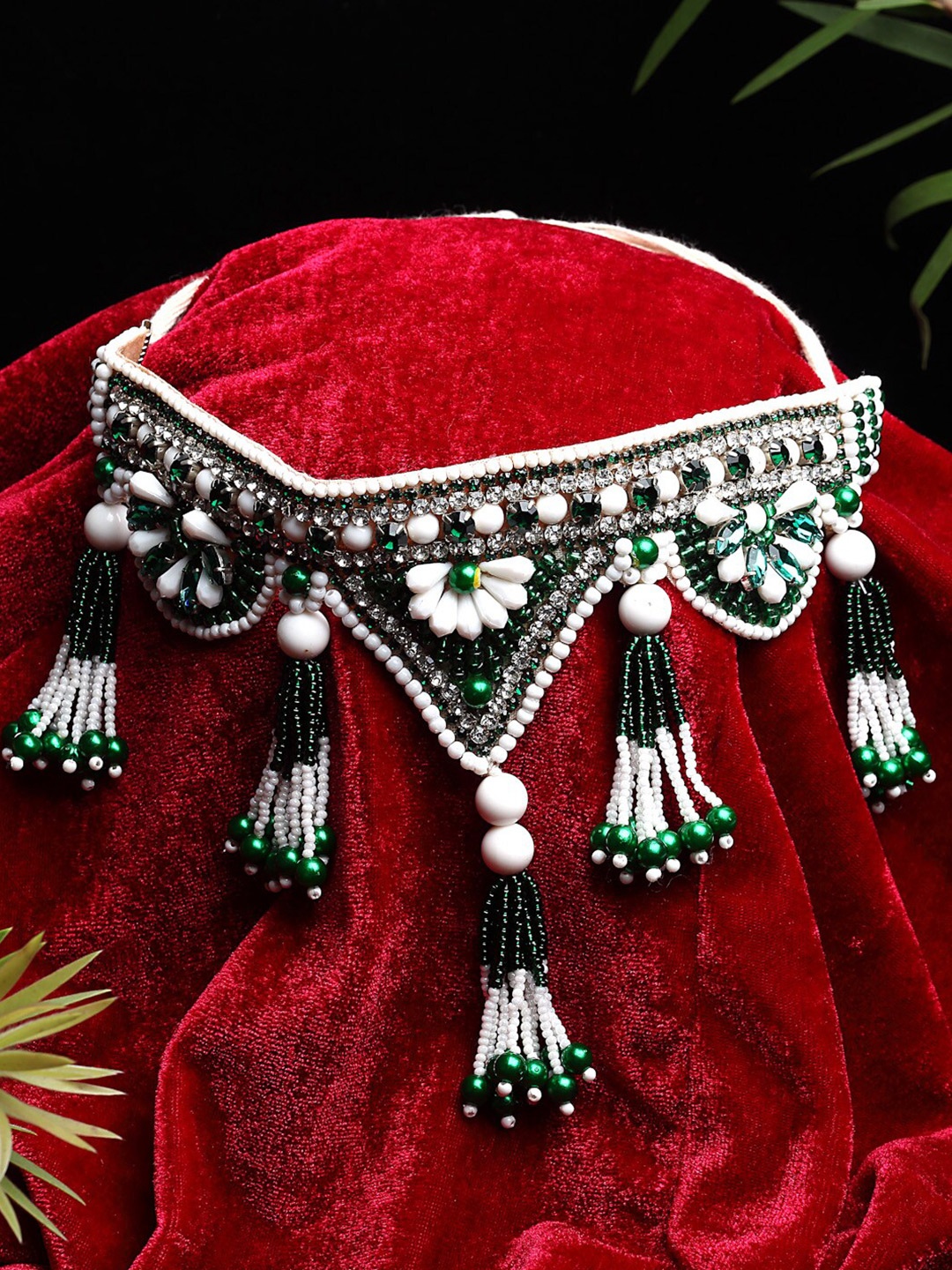 

Moedbuille Silver-Plated White & Green Brass CZ Studded Pearl Beaded Choker Necklace