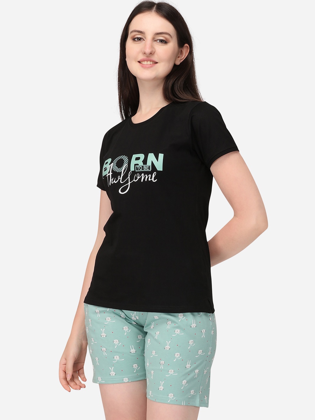 

Lenissa Women Black & Sea Green Printed Cotton Night Suit