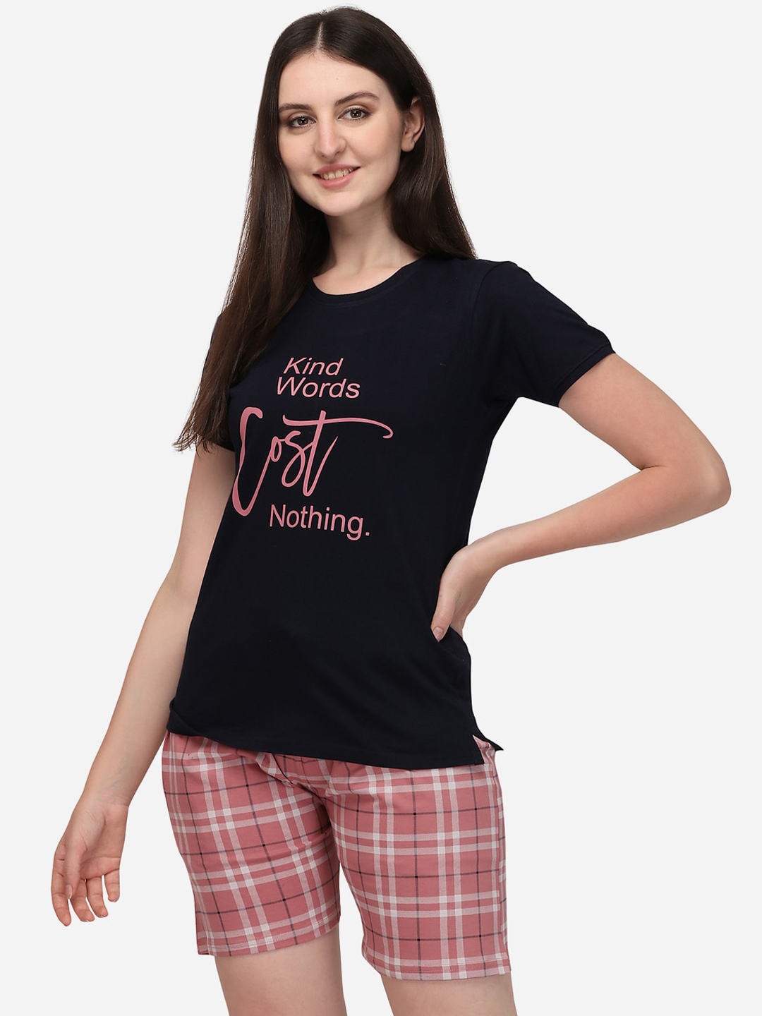 

Lenissa Women Navy Blue & Peach-Coloured Printed Night suit