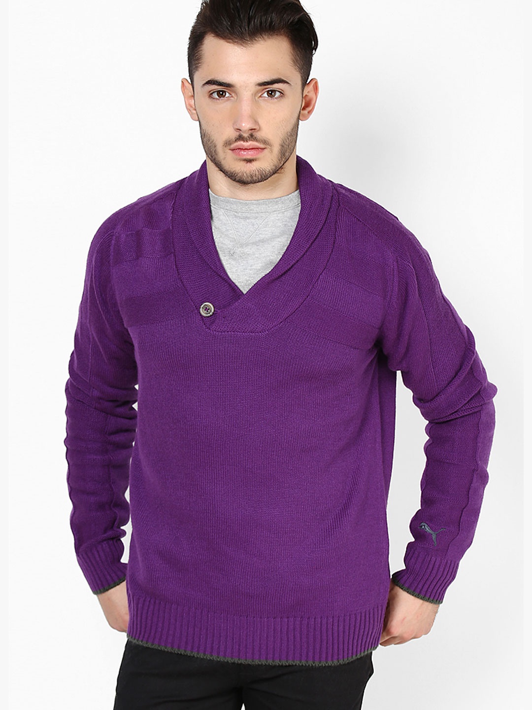 

PUMA Men Purple Solid Acrylic Shawl Collar Sweater