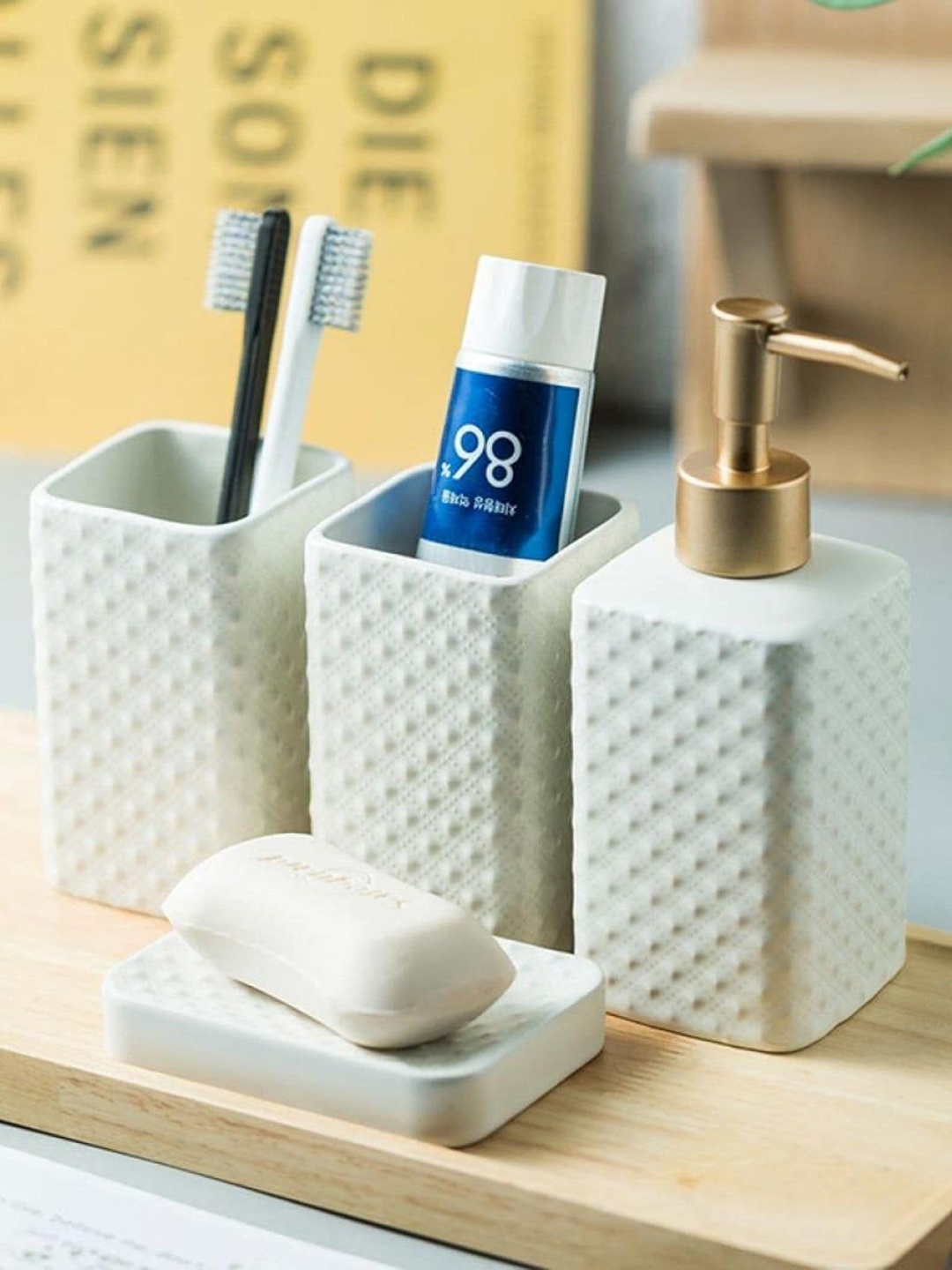 

FabSeasons Set Of 4 White Geometric Bathroom Accessories