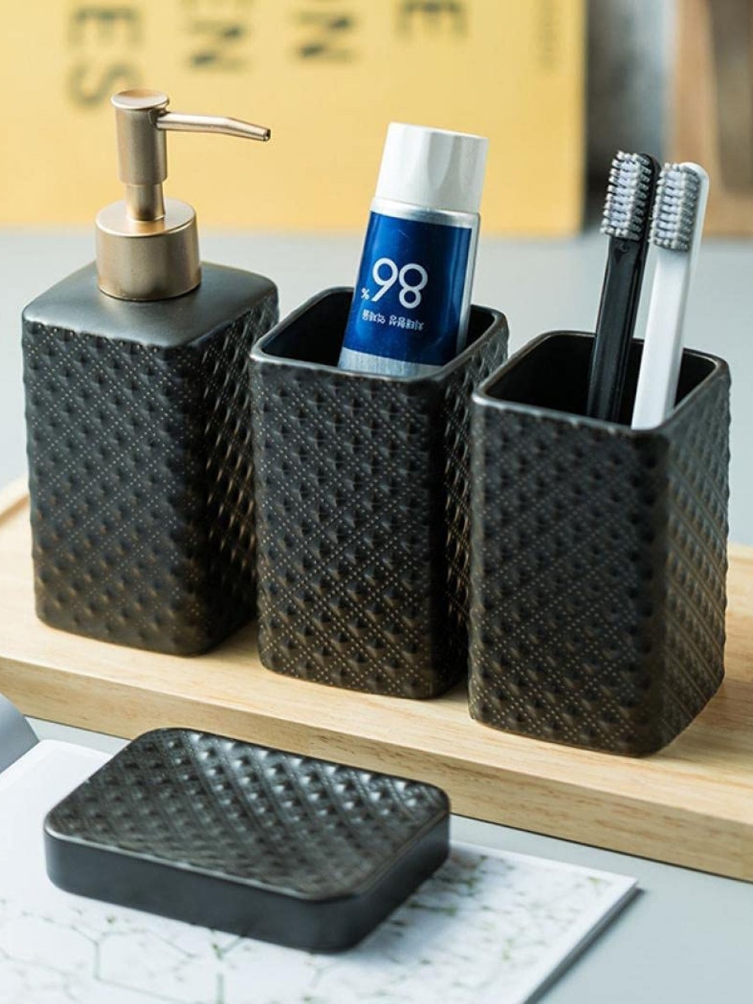 

FabSeasons Set Of 4 Black Textured Ceramic Bathroom Accessories