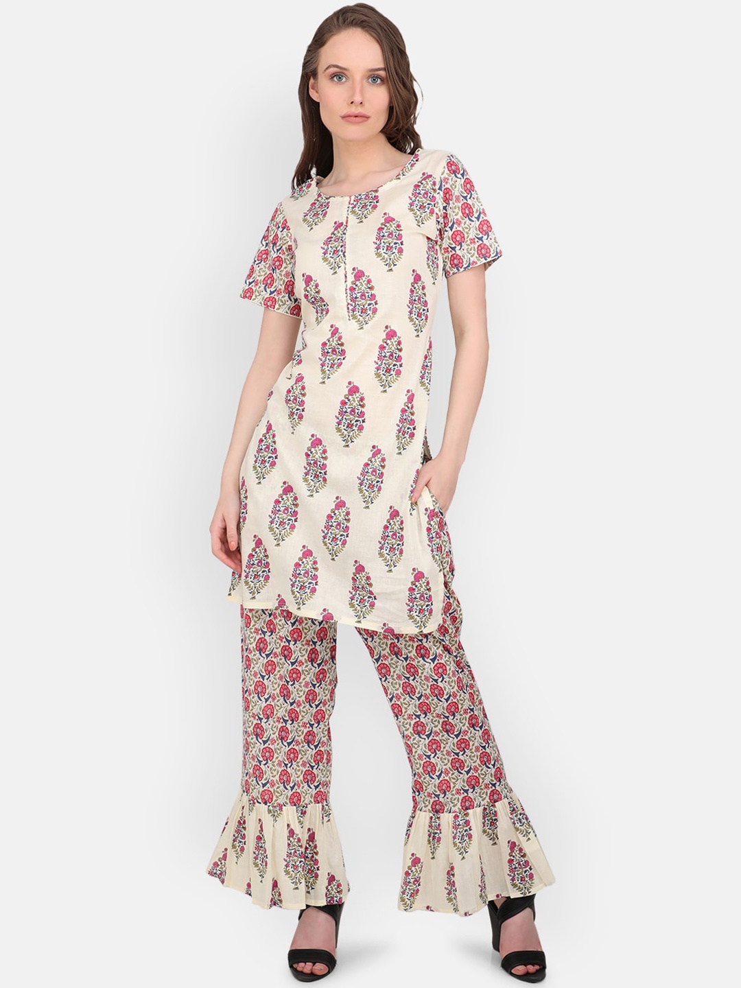 

MARC LOUIS Women Cream-Coloured Floral Printed Pure Cotton Kurta with Palazzos