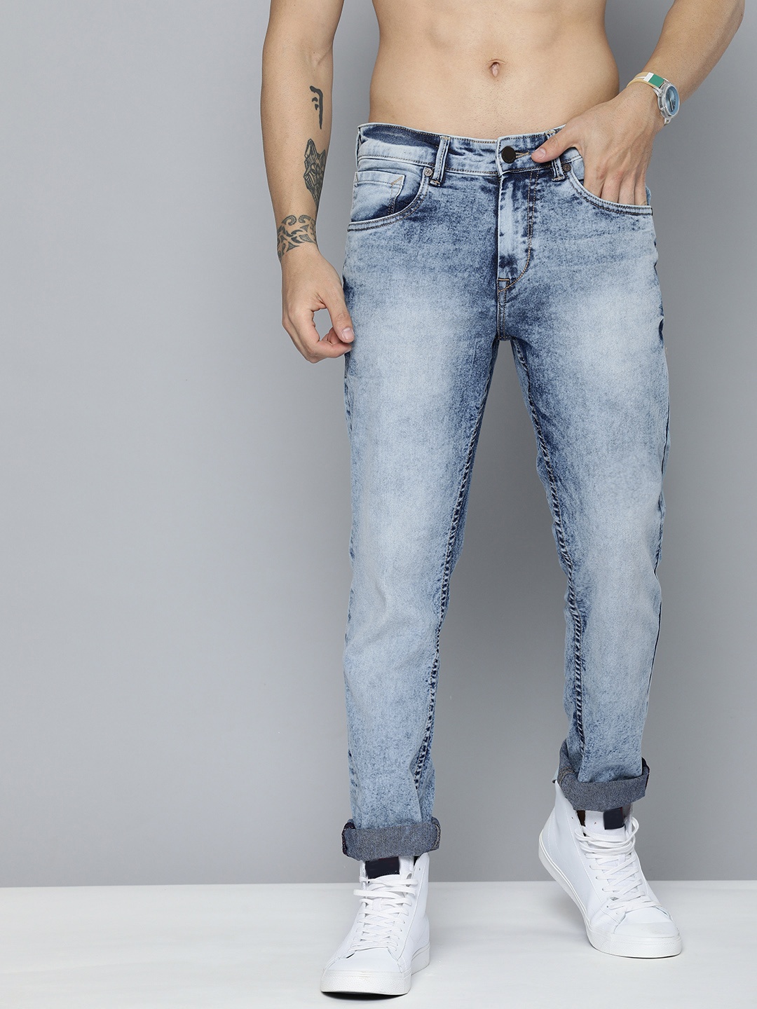 

HERE&NOW Men Indigo Slim Fit Heavy Fade Acid Wash Stretchable Casual Jeans, Blue