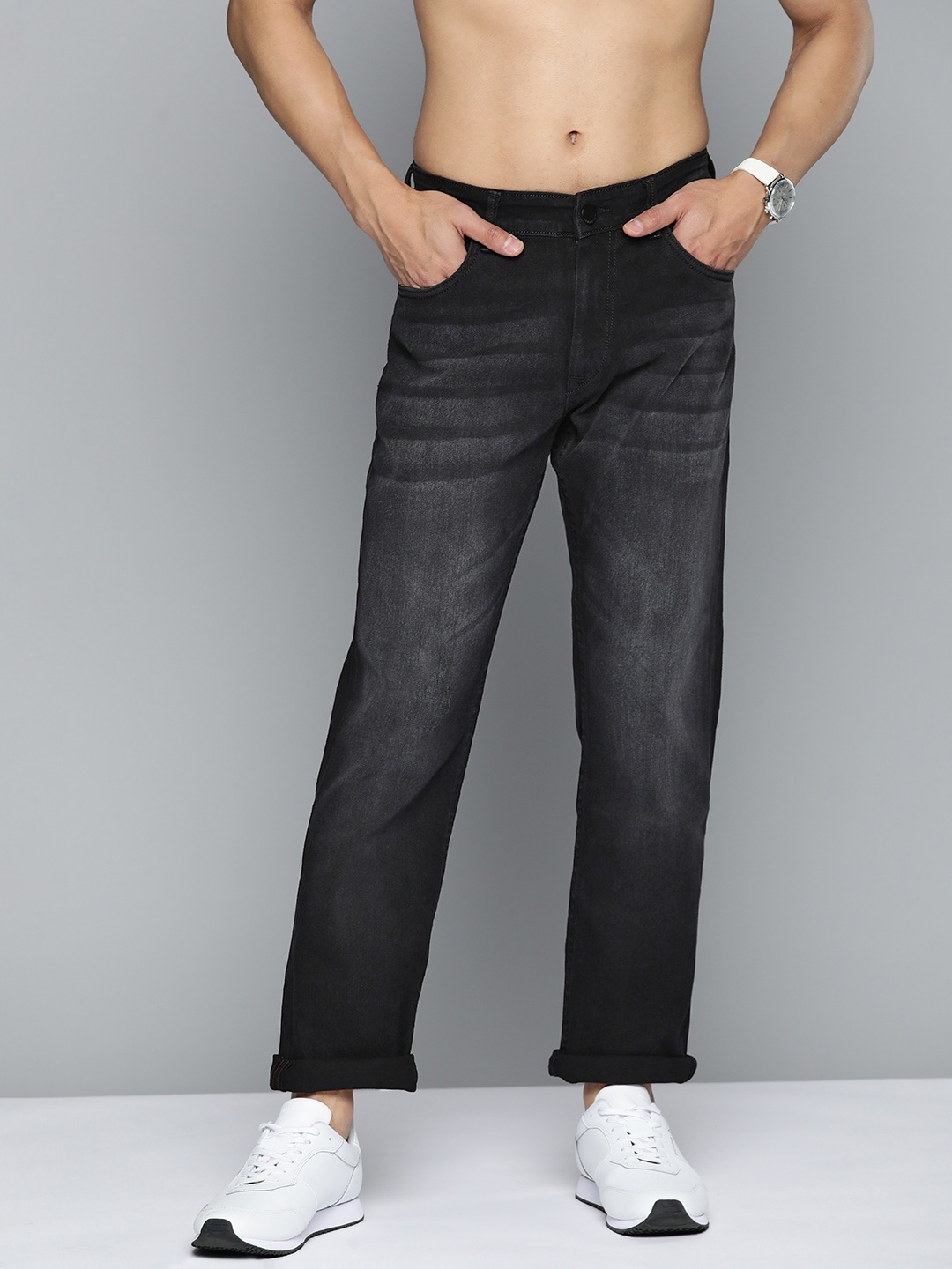 

HERE&NOW Men Slim Fit Light Fade Stretchable Jeans, Black