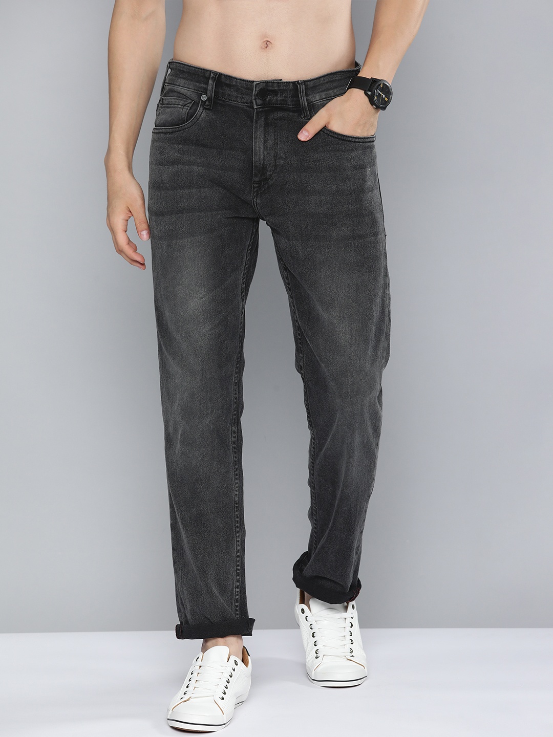 

HERE&NOW Men Charcoal Light Fade Stretchable Jeans, Grey