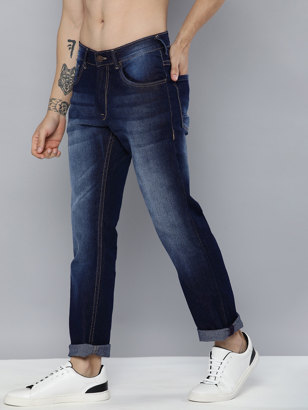 

HERE&NOW Men Indigo Heavy Fade Stretchable Slim Fit Casual Jeans, Navy blue
