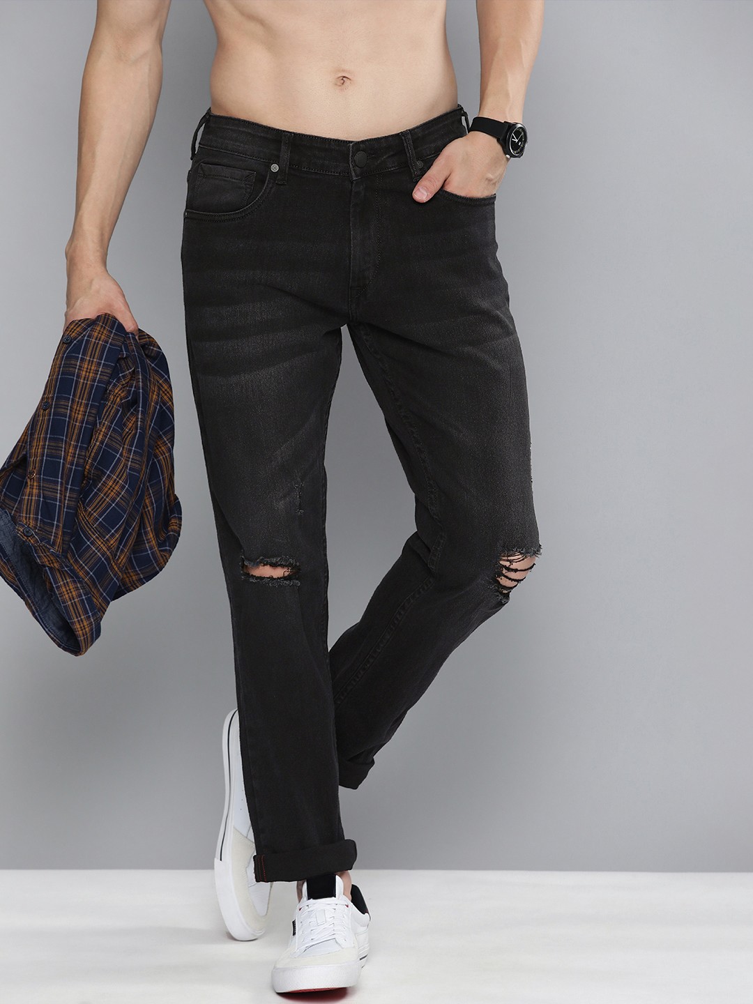 

HERE&NOW Men Black Slim Fit Slash Knee Stretchable Jeans