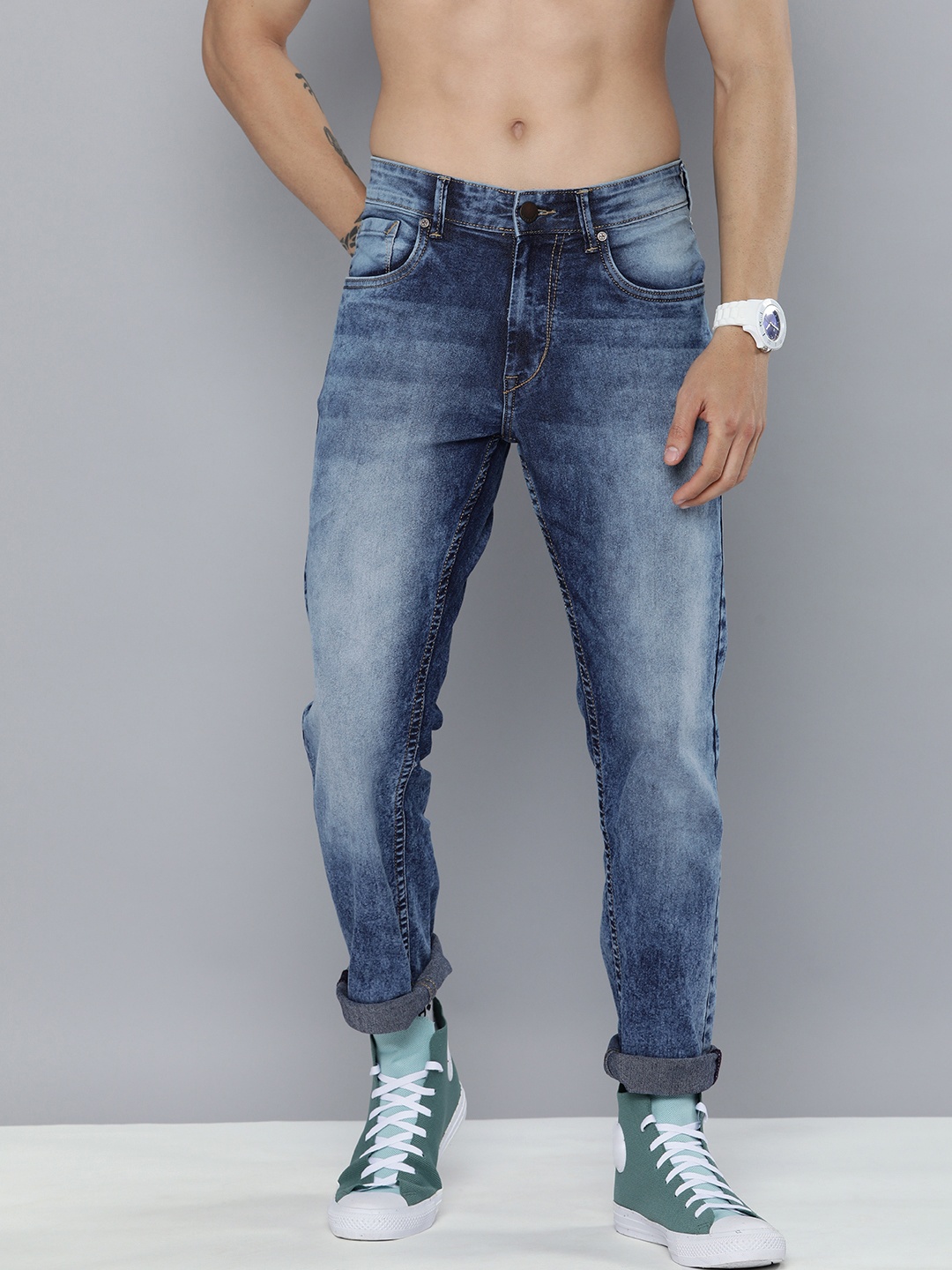 

HERE&NOW Men Blue Slim Fit Heavy Fade Acid Wash Stretchable Jeans