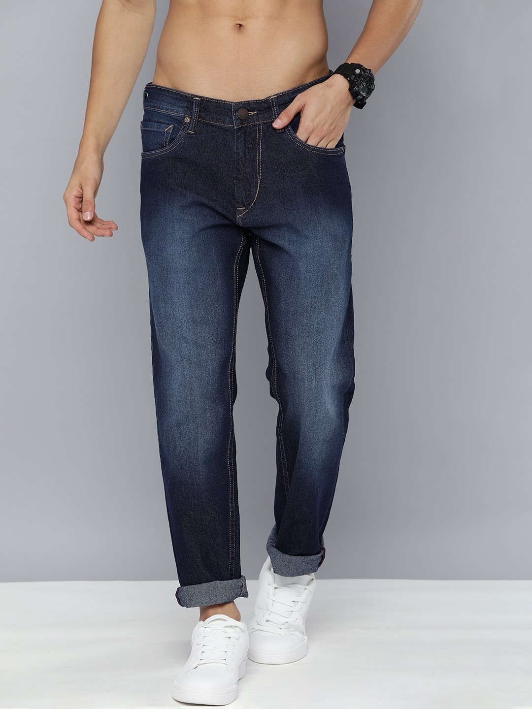 

HERE&NOW Men Indigo Heavy Fade Stretchable Slim Fit Casual Jeans, Blue