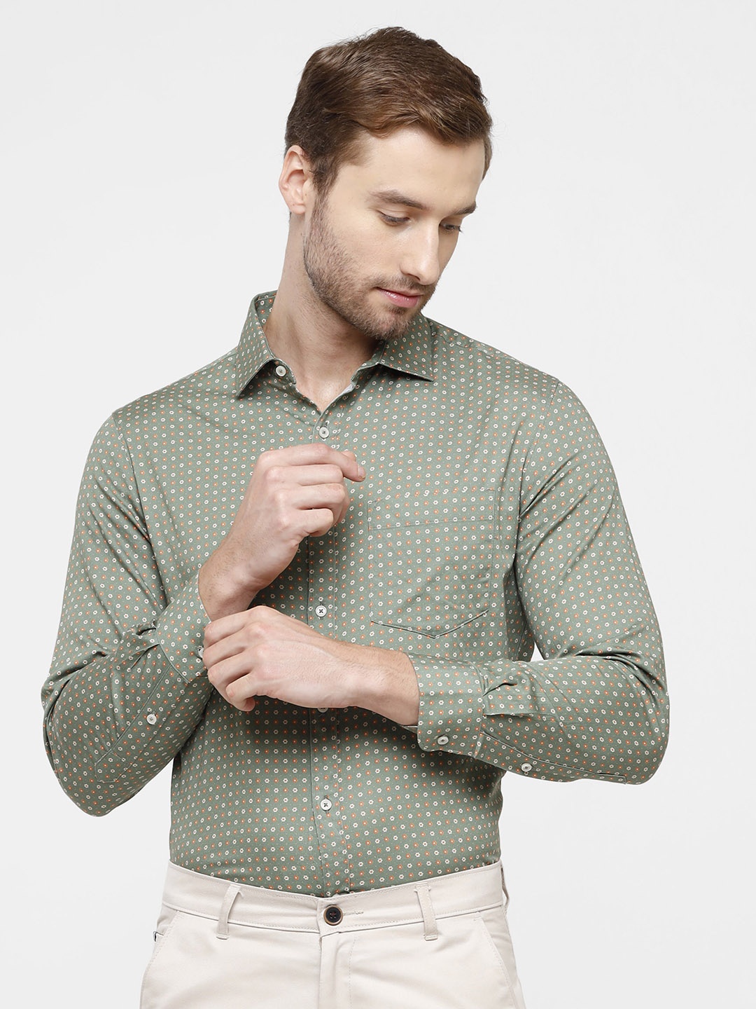 

CROYDON Men Olive Green Printed Formal Shirt