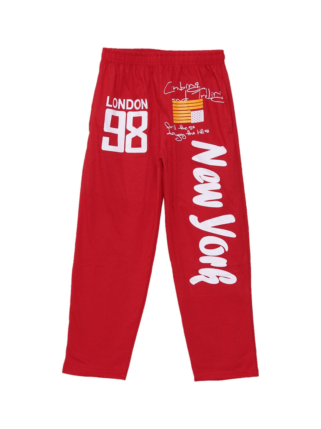 

Fashionable Boys Red & White Printed Pure Cotton Regular Fit Track Pants