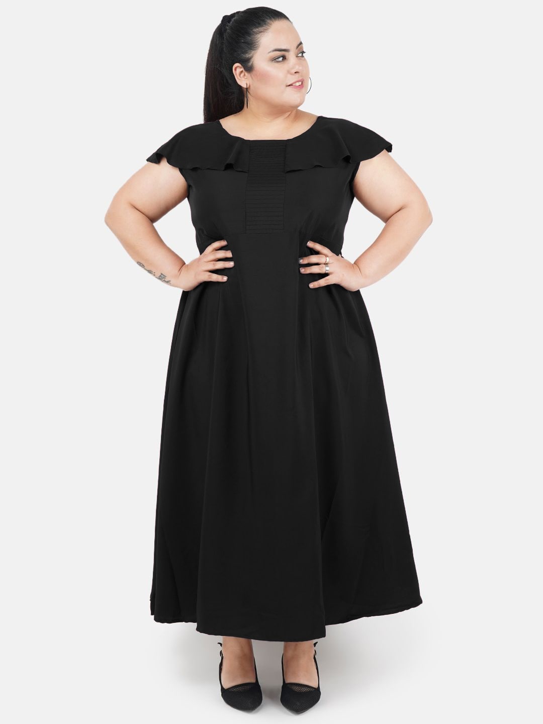 

Indietoga Plus Size Solid Cape Pintuck Fit & Flare Long Maxi Dress, Black