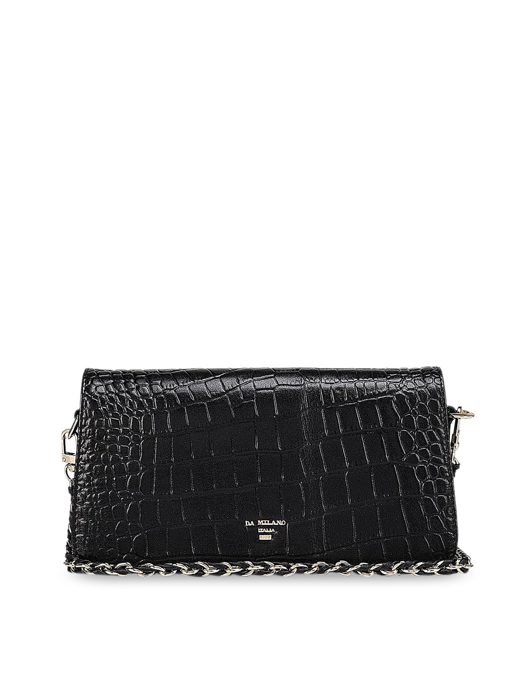

Da Milano Black Textured Leather Structured Sling Bag with Fringed