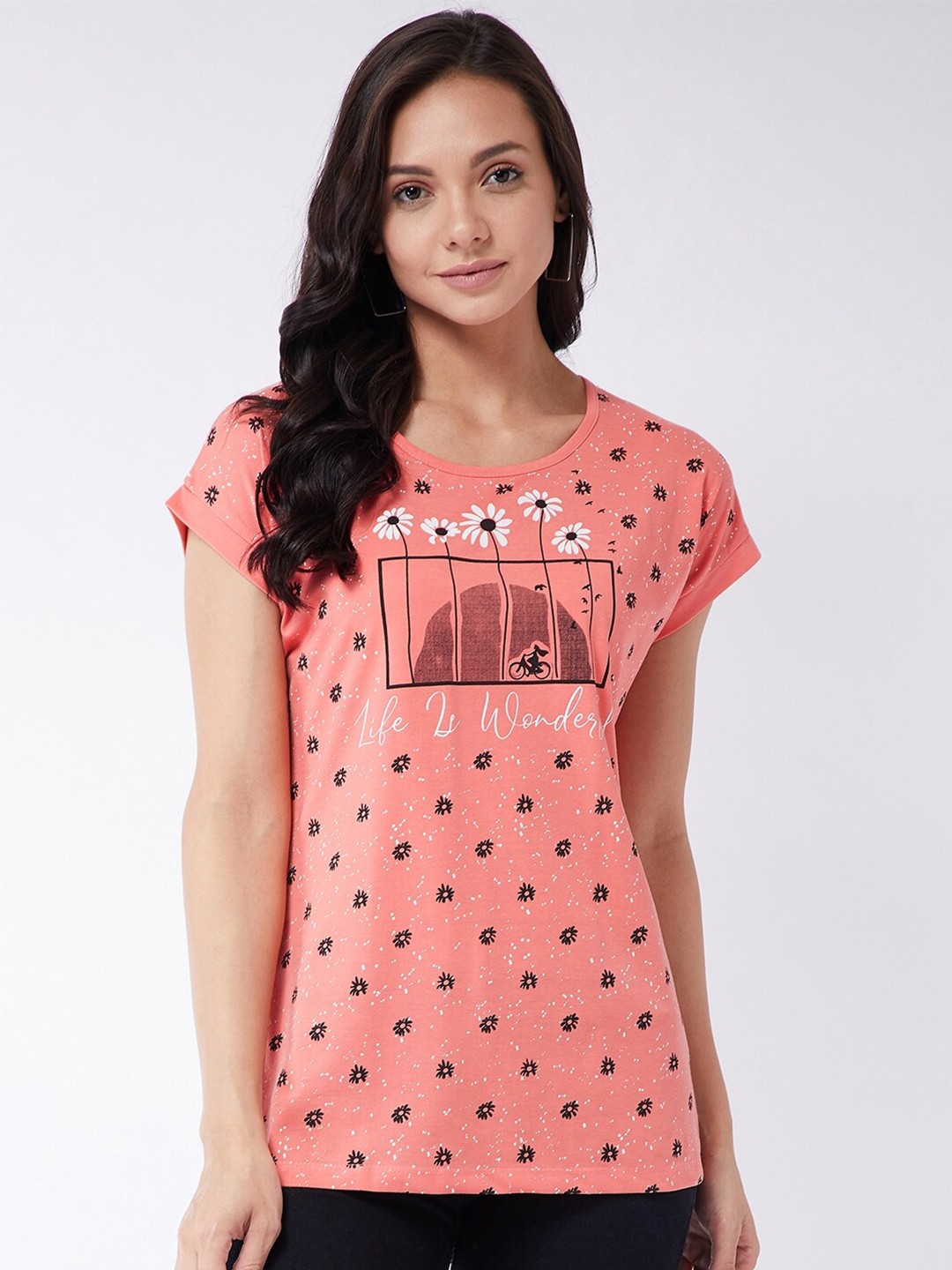 

Modeve Women Peach-Coloured Floral Printed Extended Sleeves Regular Fit T-shirt