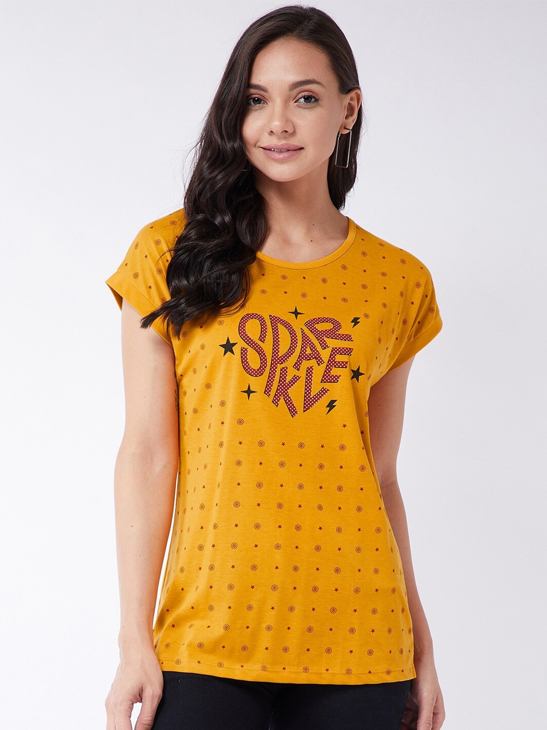 

Modeve Women Mustard Yellow Printed Extended Sleeves T-shirt