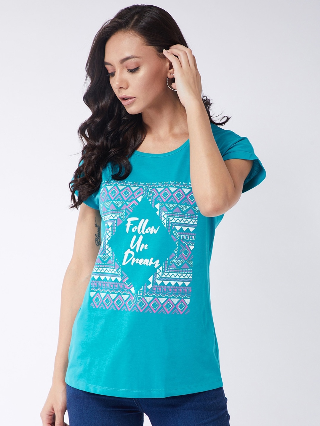 

Modeve Women Blue Typography Printed T-shirt