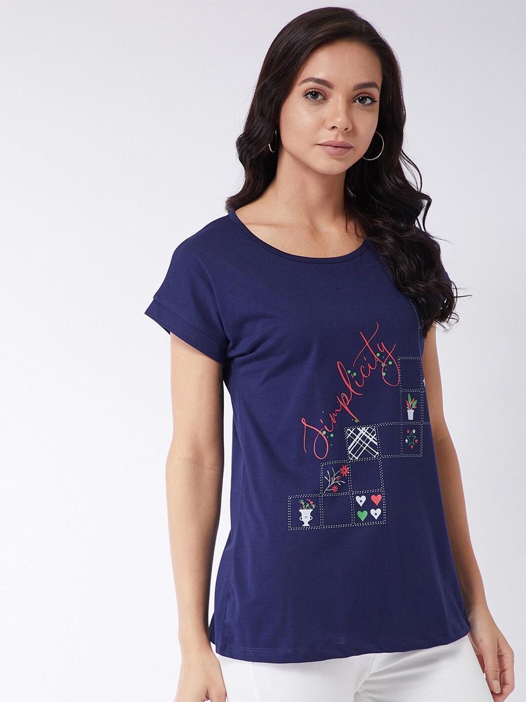 

Modeve Women Navy Blue Typography Printed Extended Sleeves T-shirt