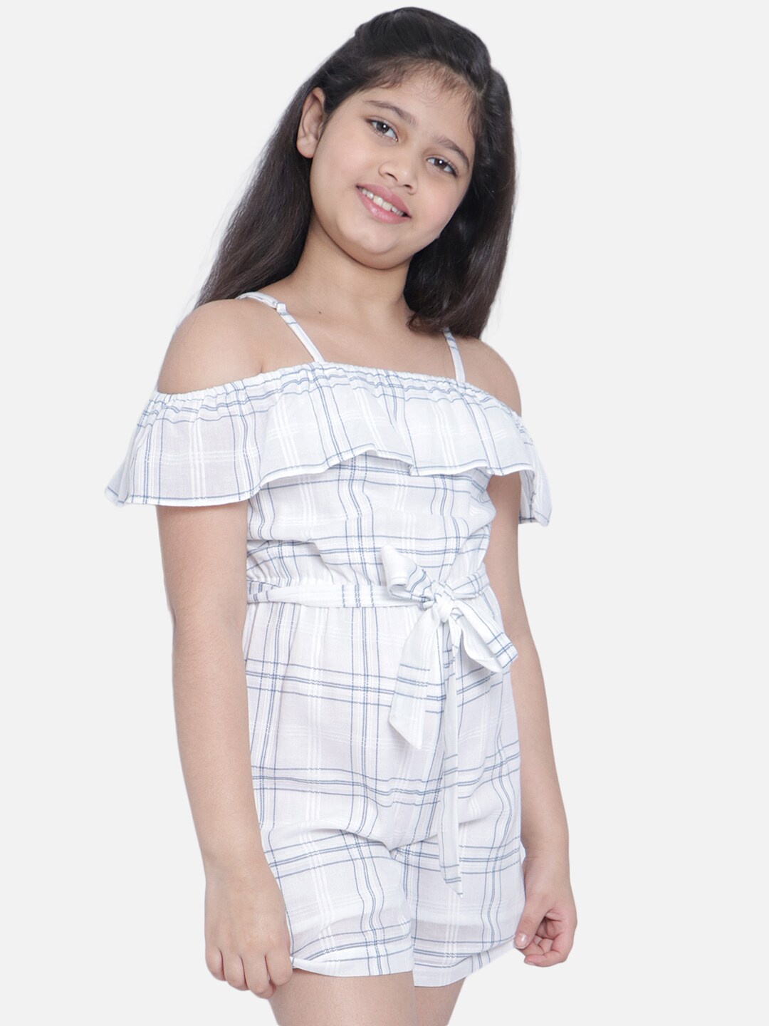 

Natilene Girls White & Blue Off-Shoulder Checked with Ruffles Jumpsuit