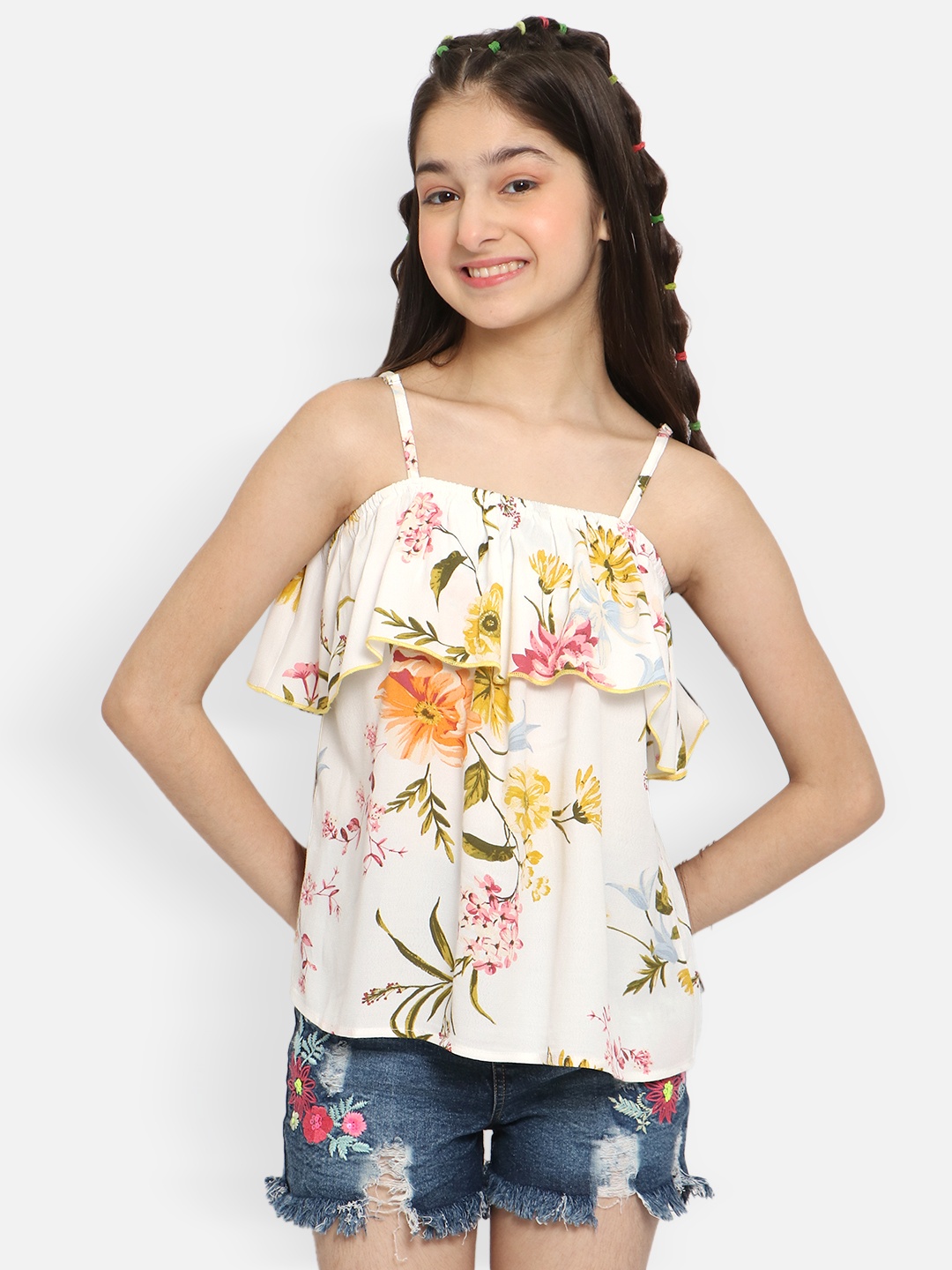 

Natilene Women White & Multicoloured Floral Print Ruffles Top