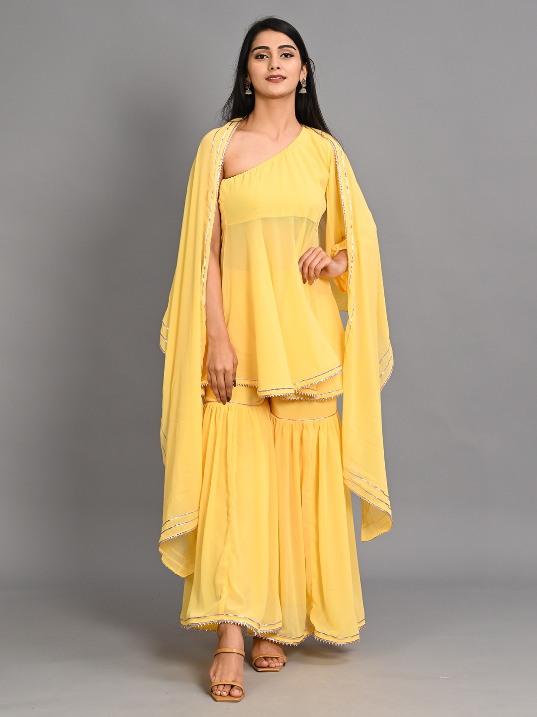 

Bavaria Women Yellow Pleated Gotta Patti Kurti with Sharara & With Dupatta