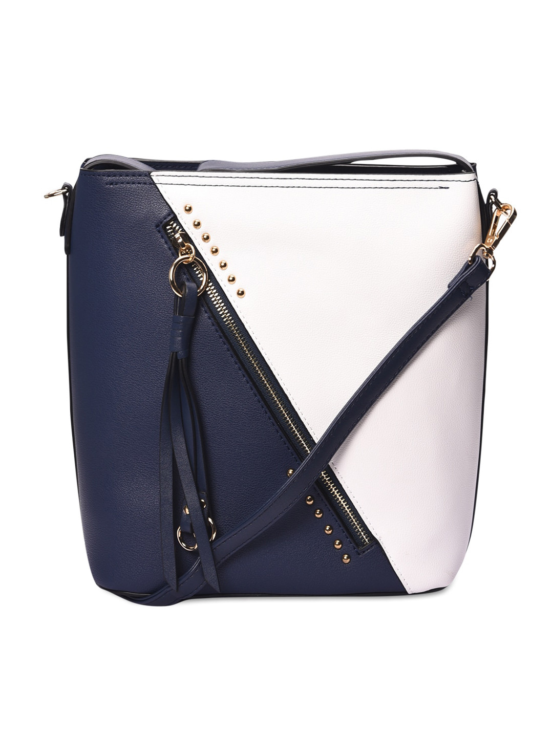 

Pavers England Navy Blue Colourblocked PU Oversized Structured Hobo Bag with Tasselled