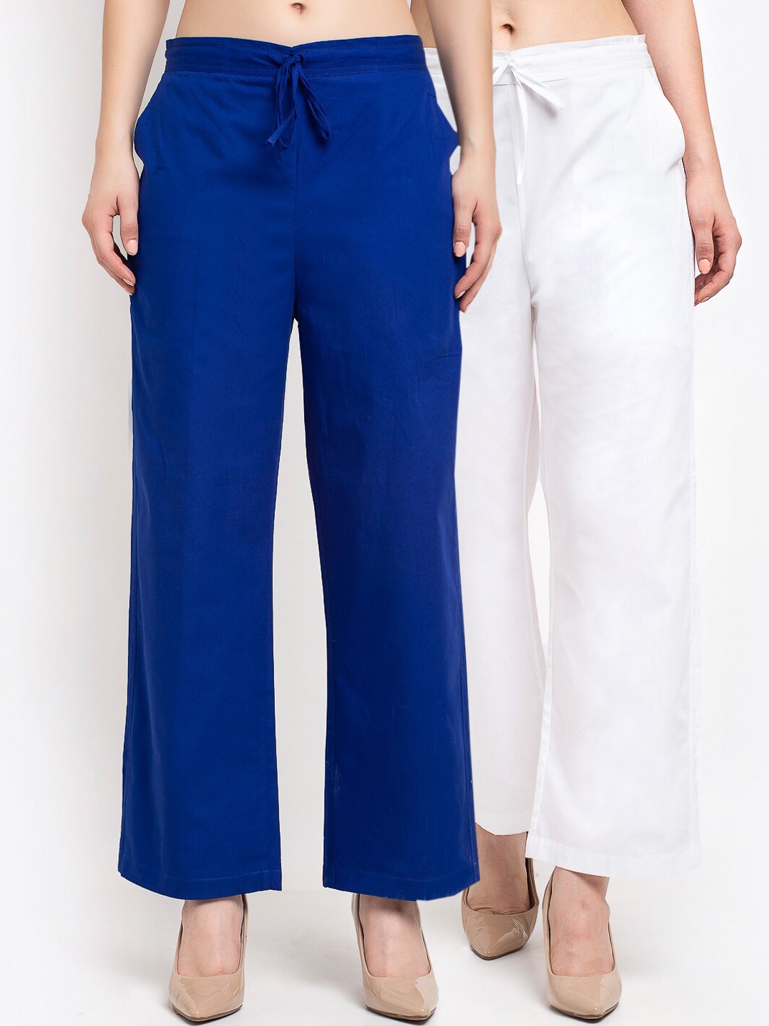 

GRACIT Women White & Blue Set Of 2 Solid Cotton Loose Fit Palazzos