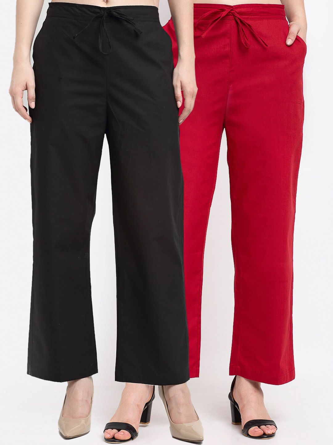 

GRACIT Women Black & Red Set Of 2 Solid Cotton Loose Fit Palazzos