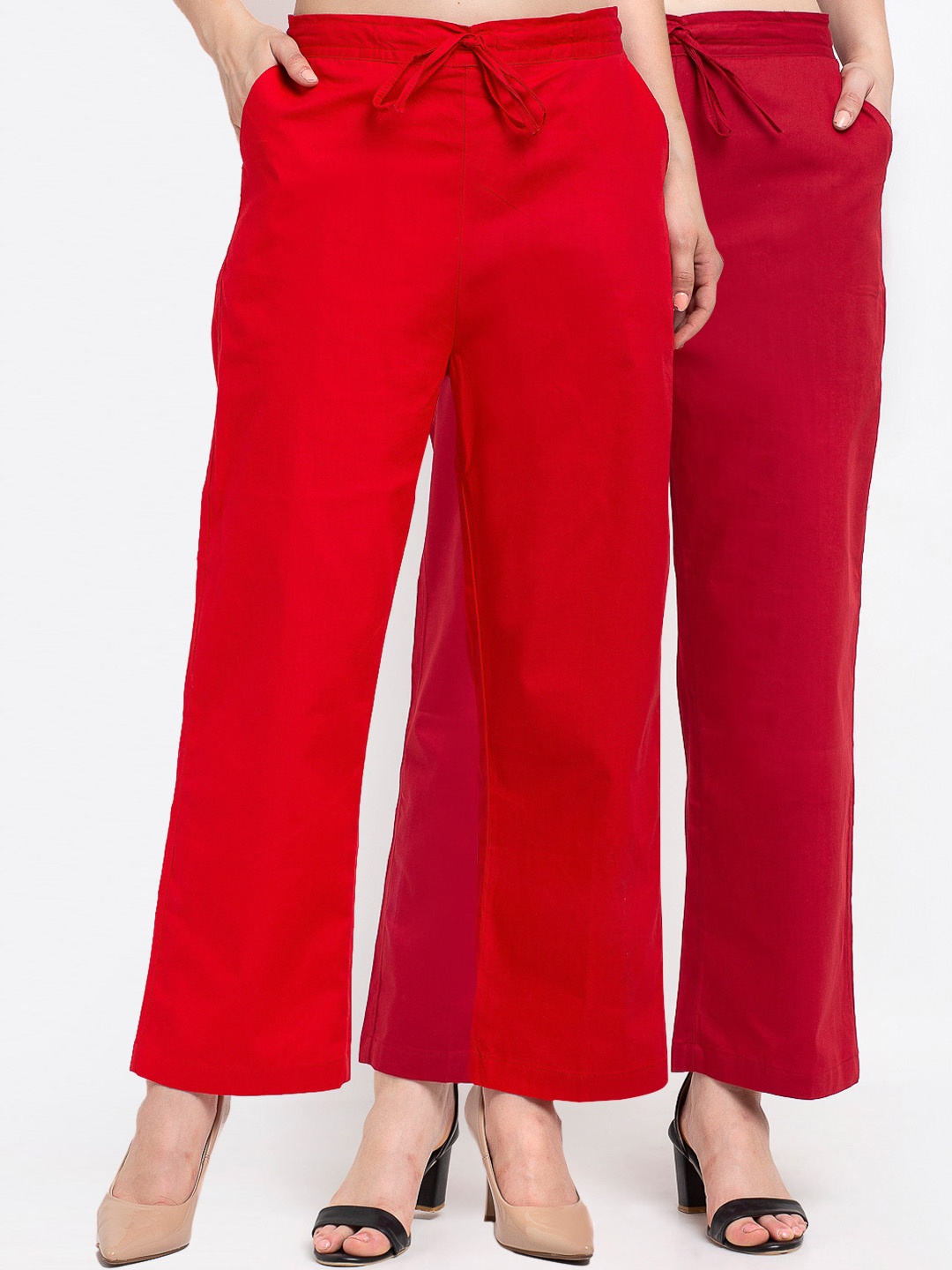 

GRACIT Woman Pack of 2 Red & Maroon Loose Fit Trousers