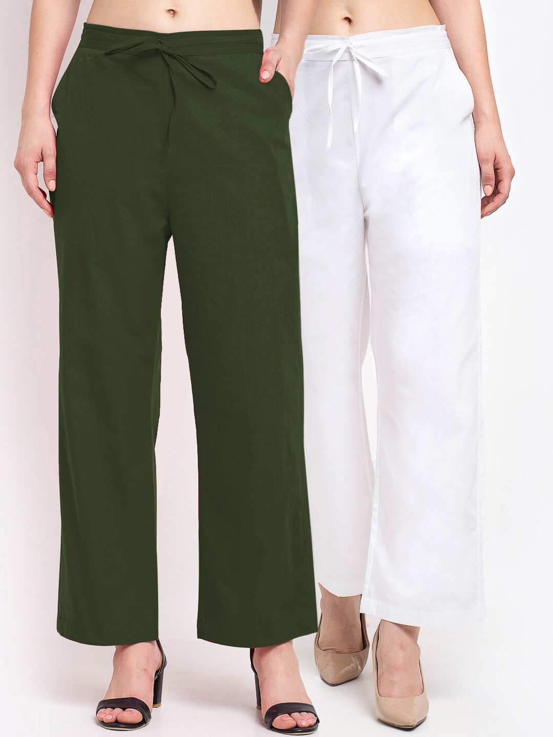 

GRACIT Women White & Green Pack of 2 Solid Cotton Palazzos