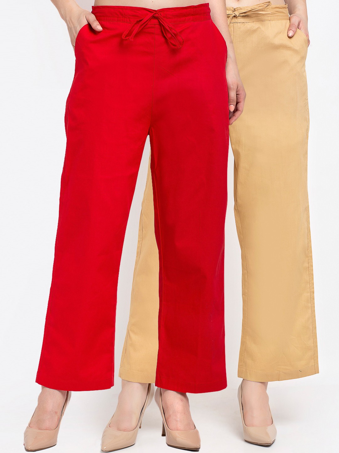 

GRACIT Woman Pack of 2 Red & Beige Loose Fit Trousers
