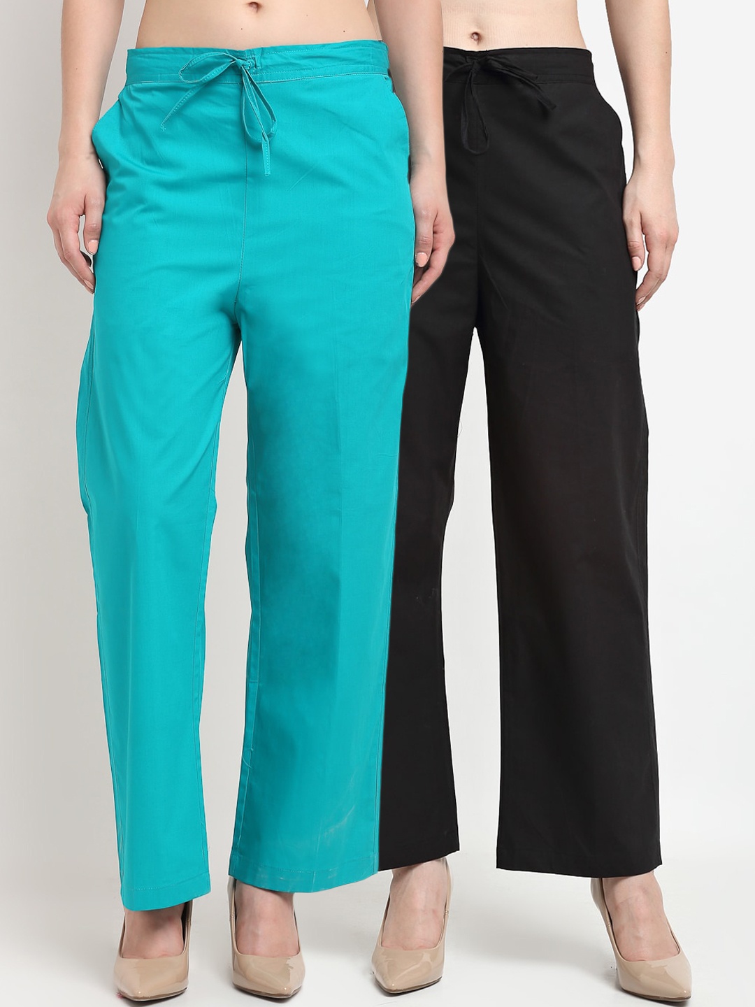 

GRACIT Pack of 2 Women Black & Turquoise Blue Straight Fit Parallel Trousers