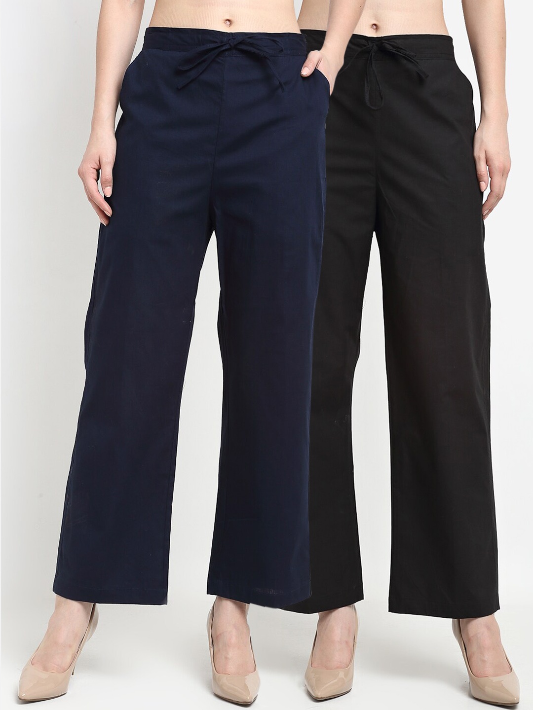 

GRACIT Women Pack Of 2 Black & Navy Blue Solid Loose Fit Parallel Trousers