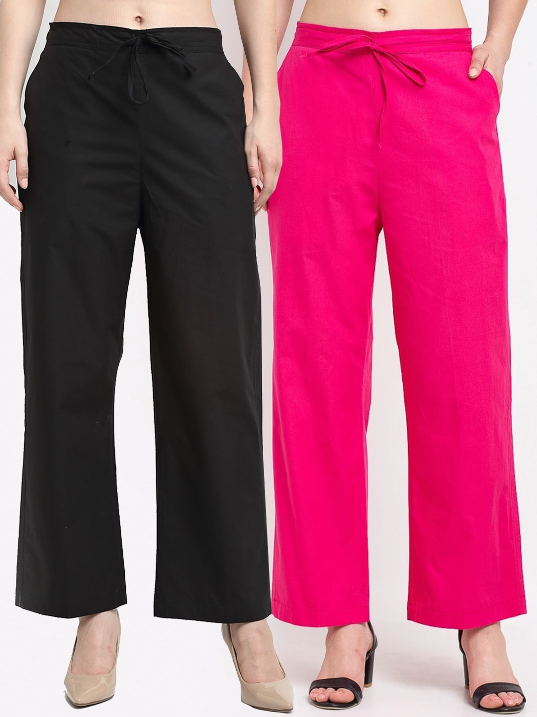 

GRACIT Women Pack of 2 Black & Pink Solid Straight Palazzos