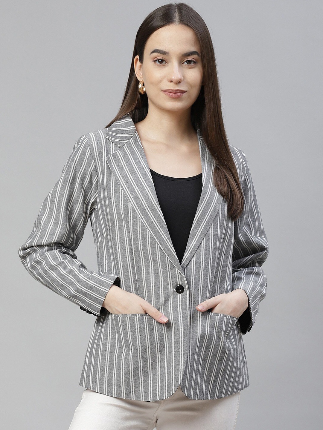 

Cottinfab Women Grey & White Striped Pure Cotton Single-Breasted Casual Blazer
