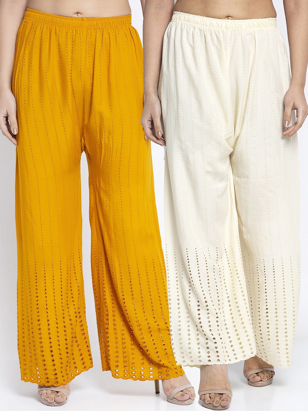 

GRACIT Women Yellow & White Set Of 2 Embroidered Flared Knitted Ethnic Palazzos