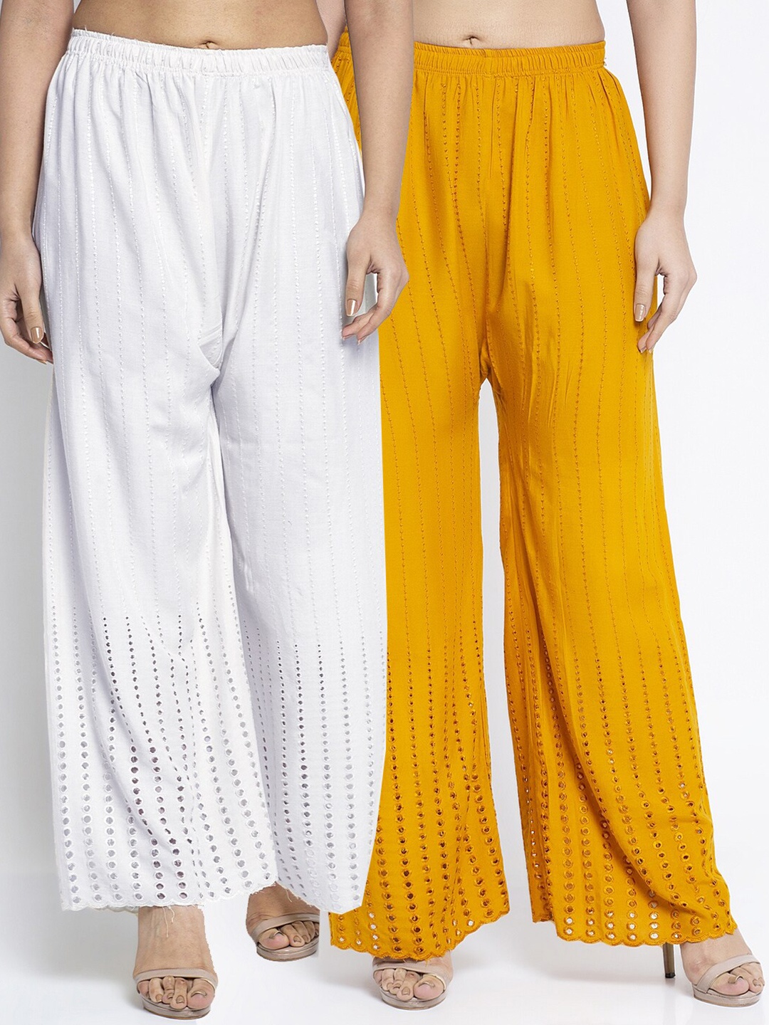

GRACIT Women White & Yellow Pack of 2 Minar Embroidered Flared Ethnic Palazzos