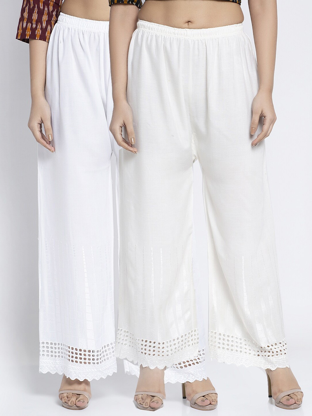

GRACIT Women White & Off White Pack of 2 Hem Design Knitted Wide Leg Fit Palazzos
