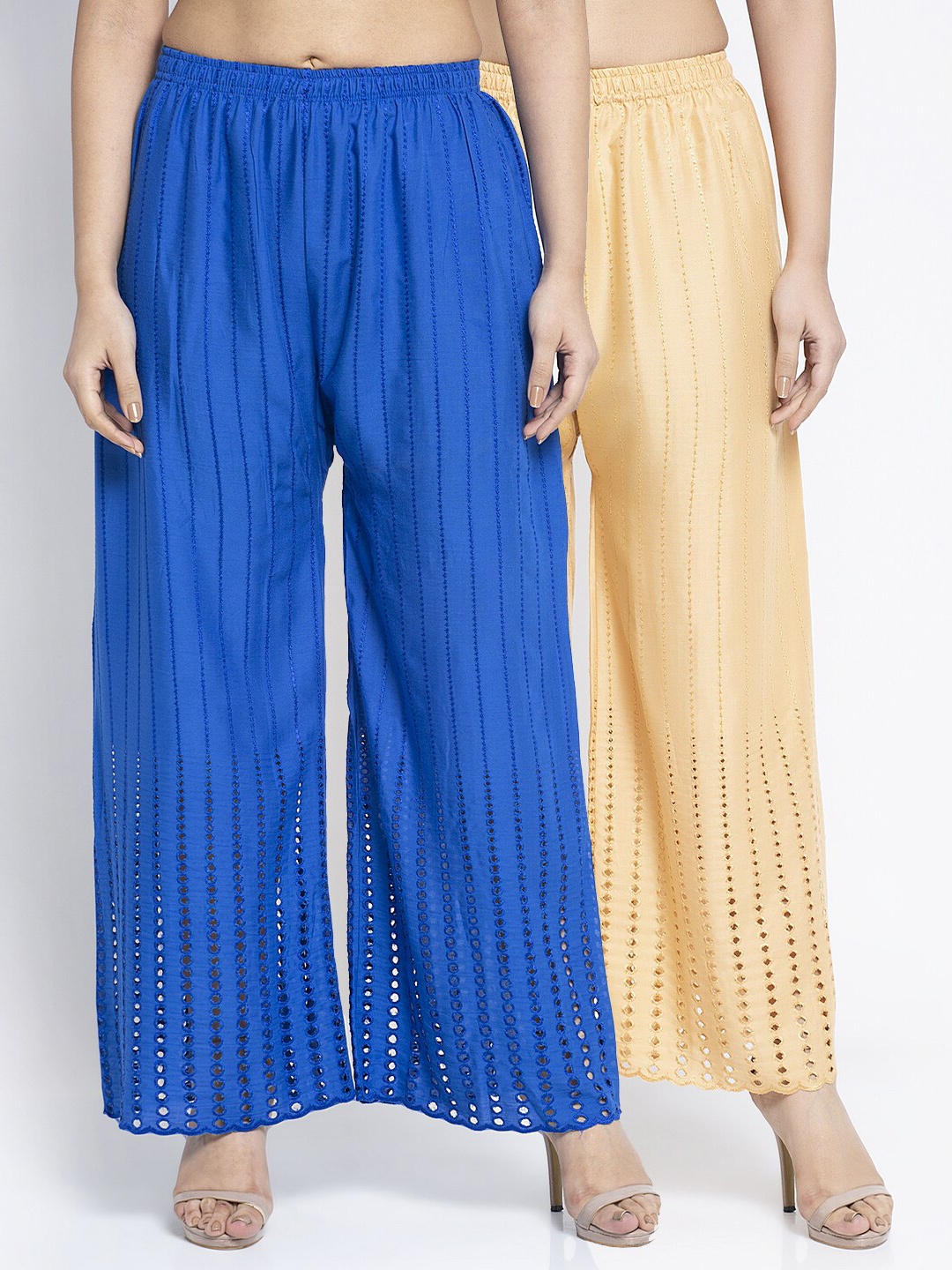 

GRACIT Women Blue & Beige Set Of 2 Embroidered Straight Fit Palazzo