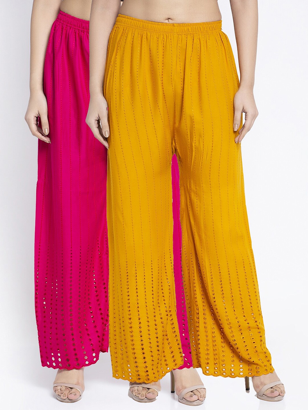 

GRACIT Women Pink & Yellow Pack of 2 Minar Embroidered Flared Ethnic Palazzos