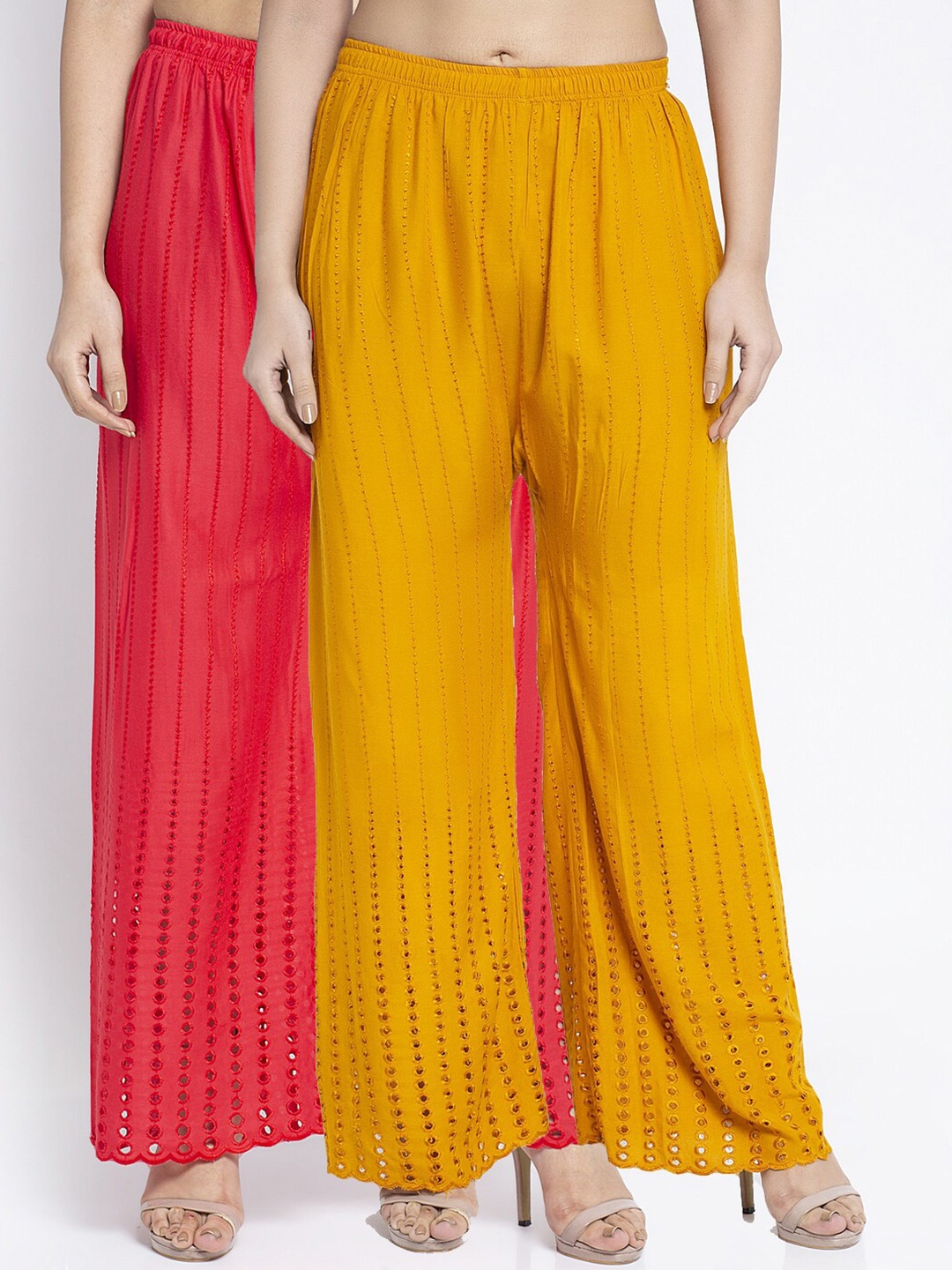 

GRACIT Women Red Yellow Set Of 2 Embroidered Straight Fit Palazzo