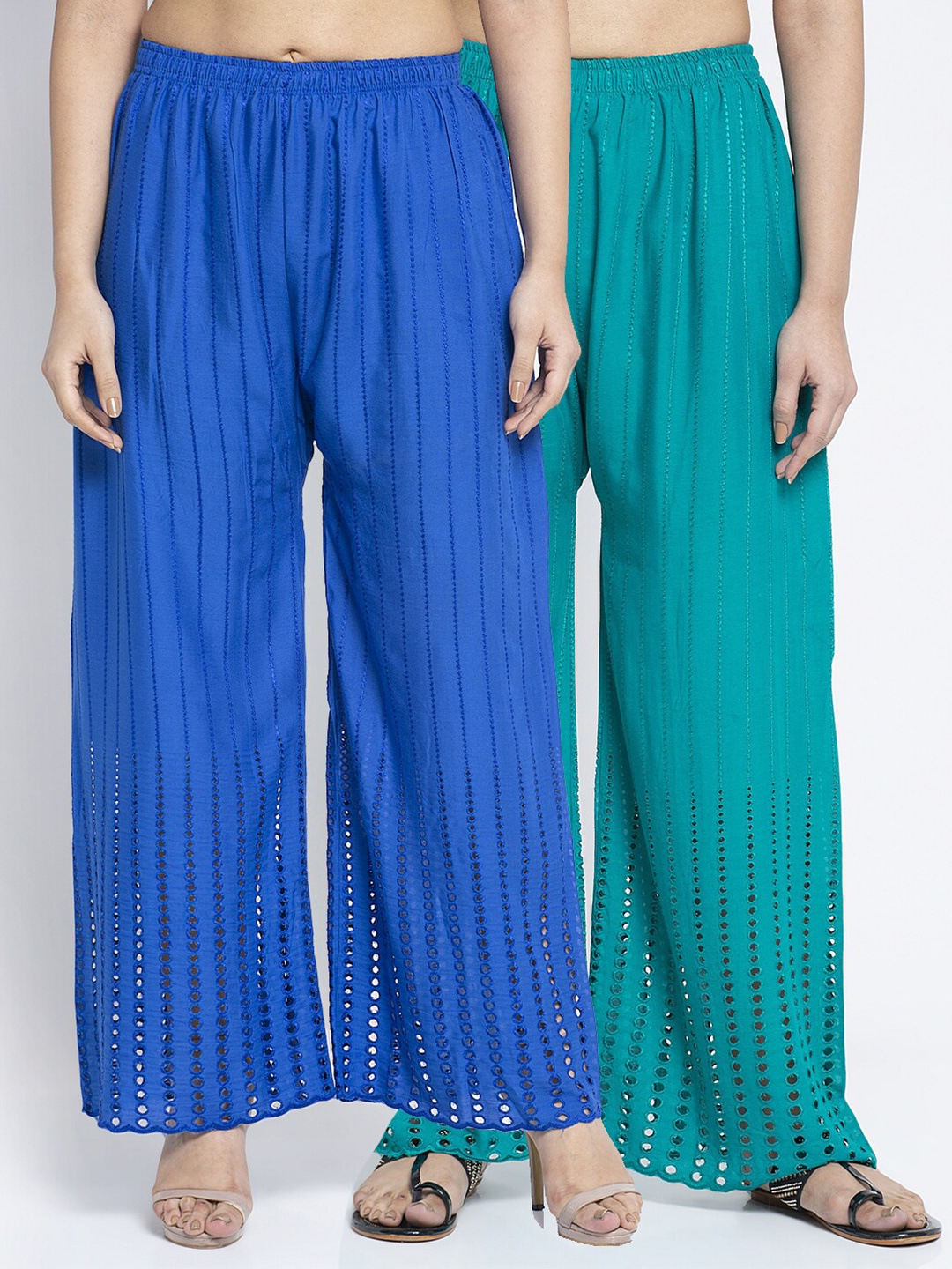 

GRACIT Women Blue & Green Pack of 2 Minar Embroidered Flared Ethnic Palazzos