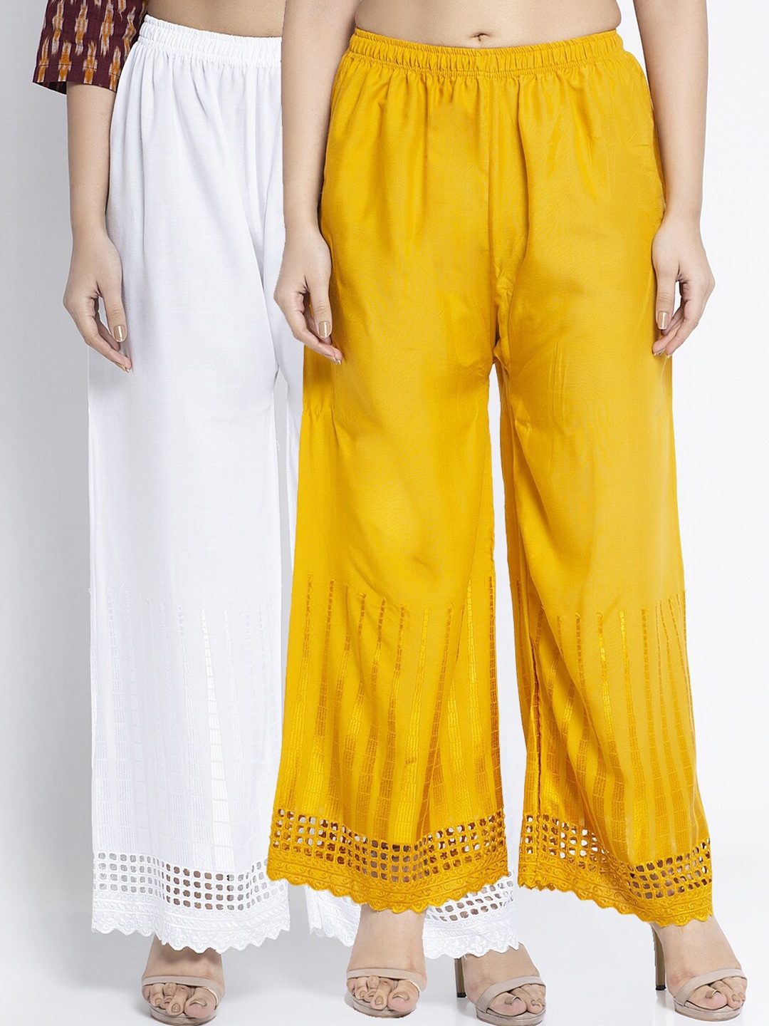 

GRACIT Women White & Yellow Set Of 2 Rayon Flared Ethnic Palazzos