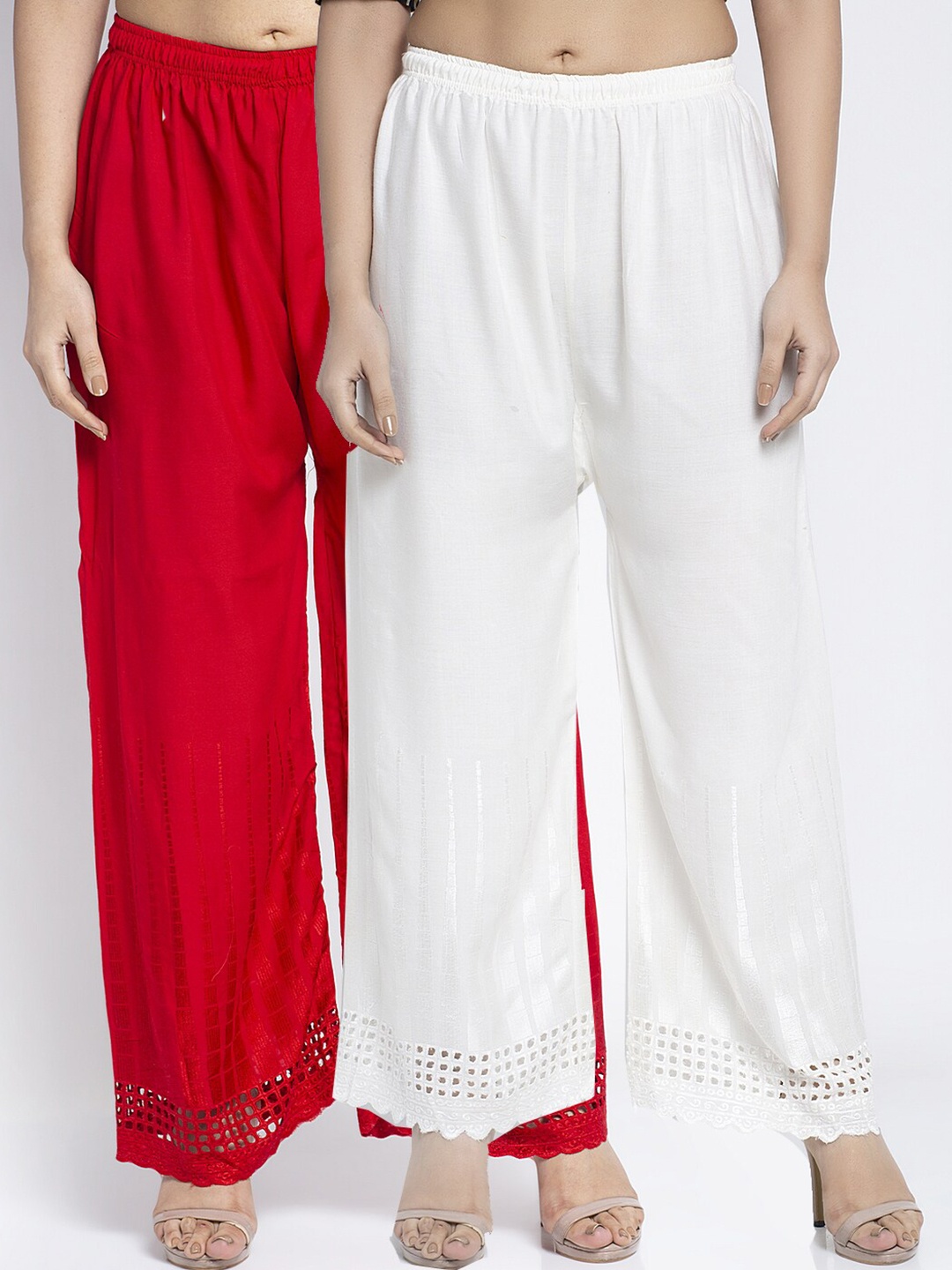 

GRACIT Women Red & White Pack of 2 Hem Design Knitted Wide Leg Fit Palazzos