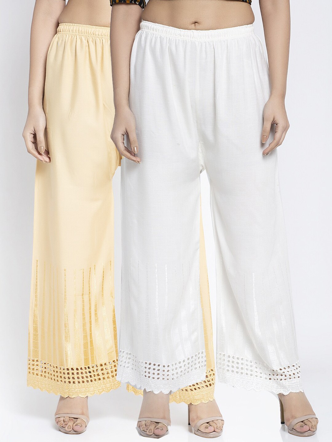 

GRACIT Women Beige & White Pack of 2 Minar Embroidered Flared Ethnic Palazzos